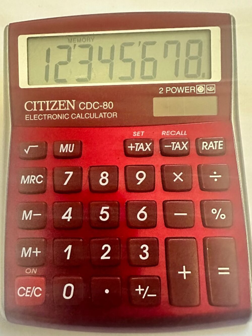 CITIZEN CDC-80 Electronic Tax Calculator 2 Power Battery & Solar 8 Digits Red